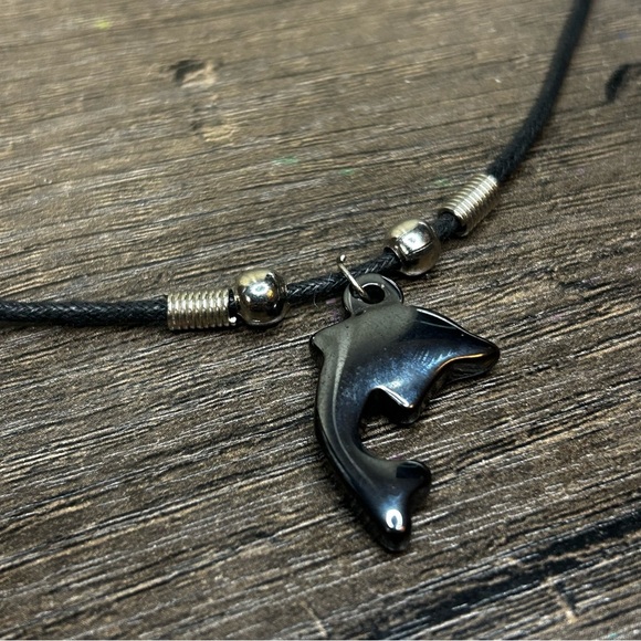Hematite Stone Dolphin Pendant On Leather Necklace - Picture 3 of 3